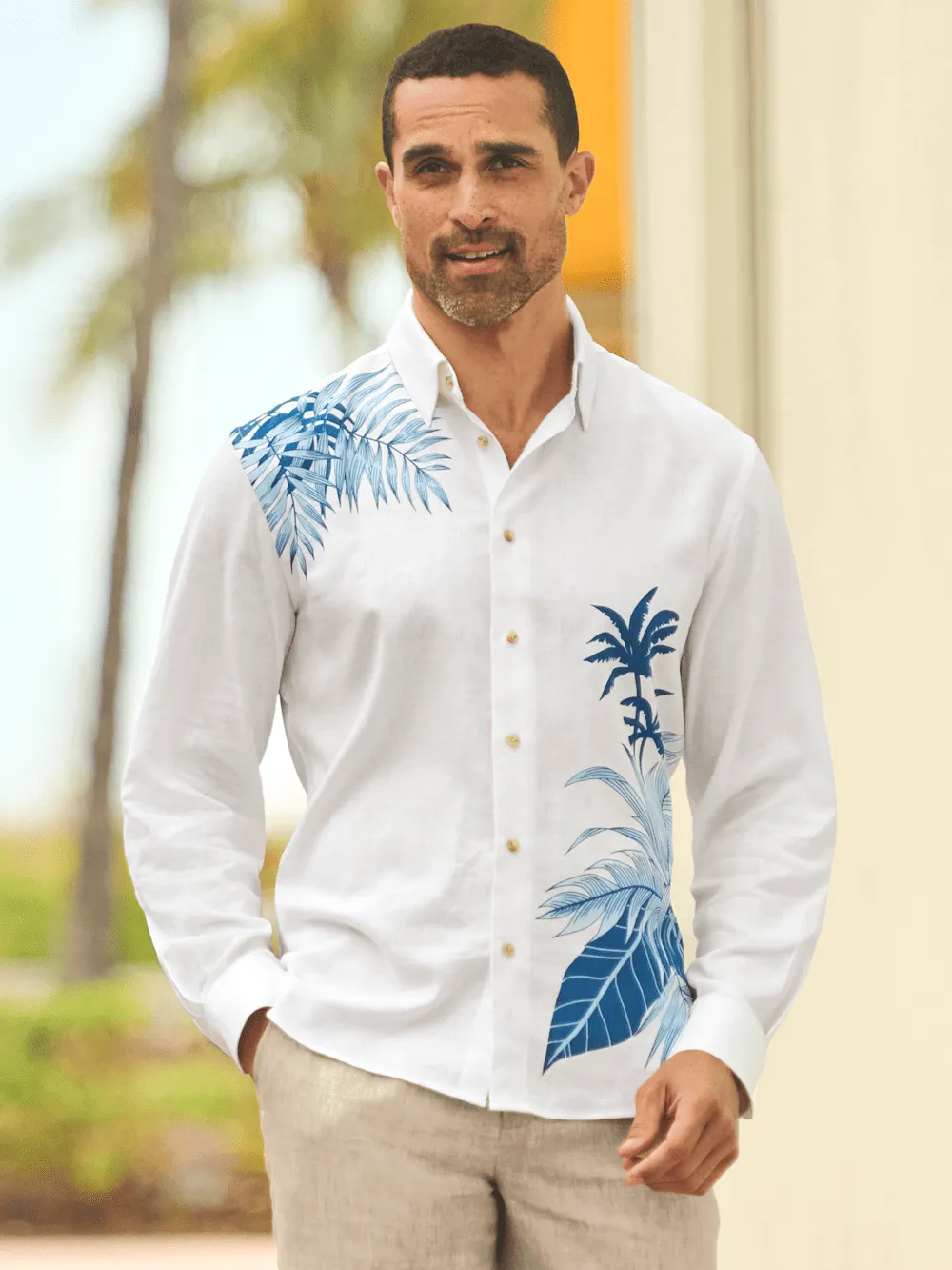Linen Blend Botanical Print Casual Shirt - White