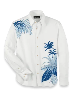 Linen Blend Botanical Print Casual Shirt - White