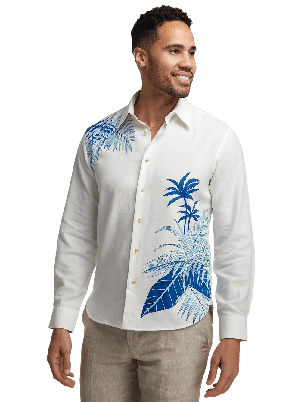 Linen Blend Botanical Print Casual Shirt - White