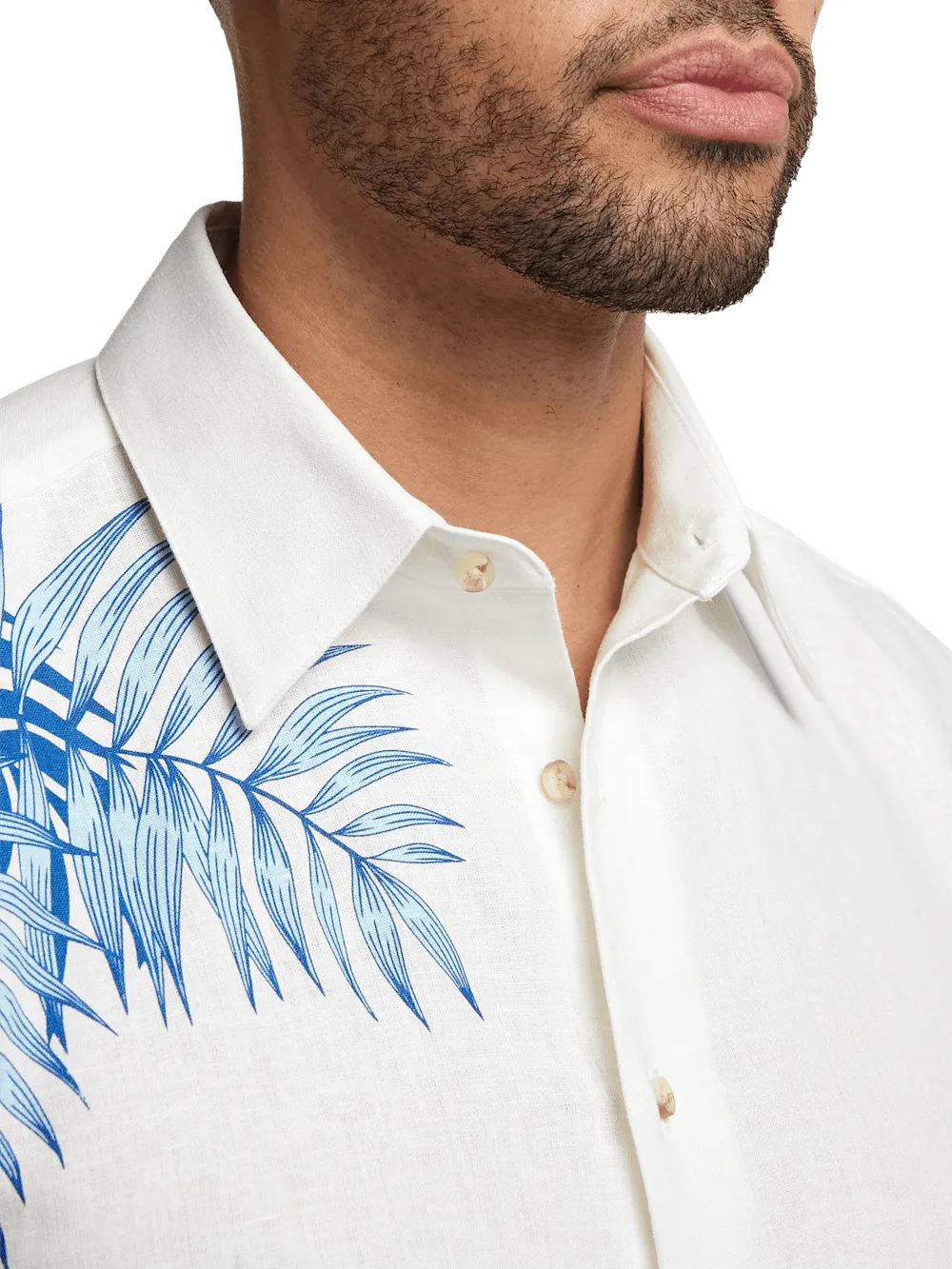 Linen Blend Botanical Print Casual Shirt - White