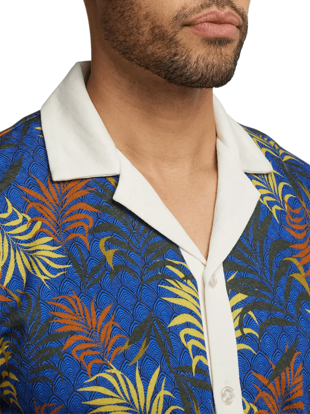 Linen Blend Button Front Camp Collar - Blue Multi