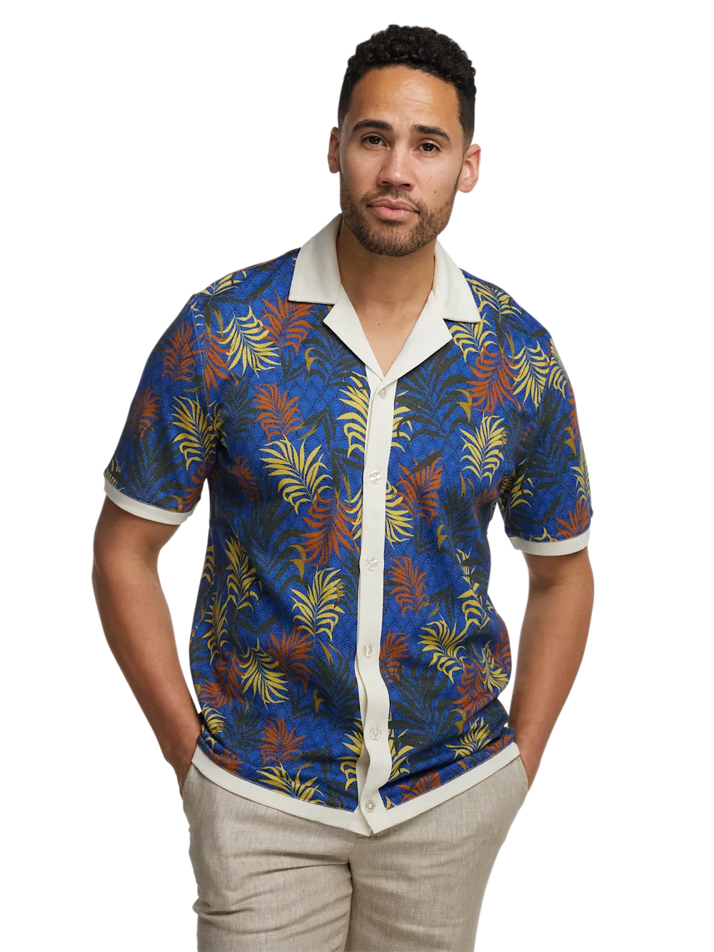 Linen Blend Button Front Camp Collar - Blue Multi