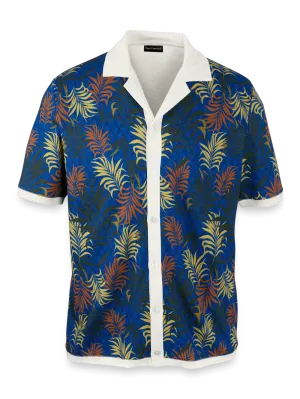Linen Blend Button Front Camp Collar - Blue Multi