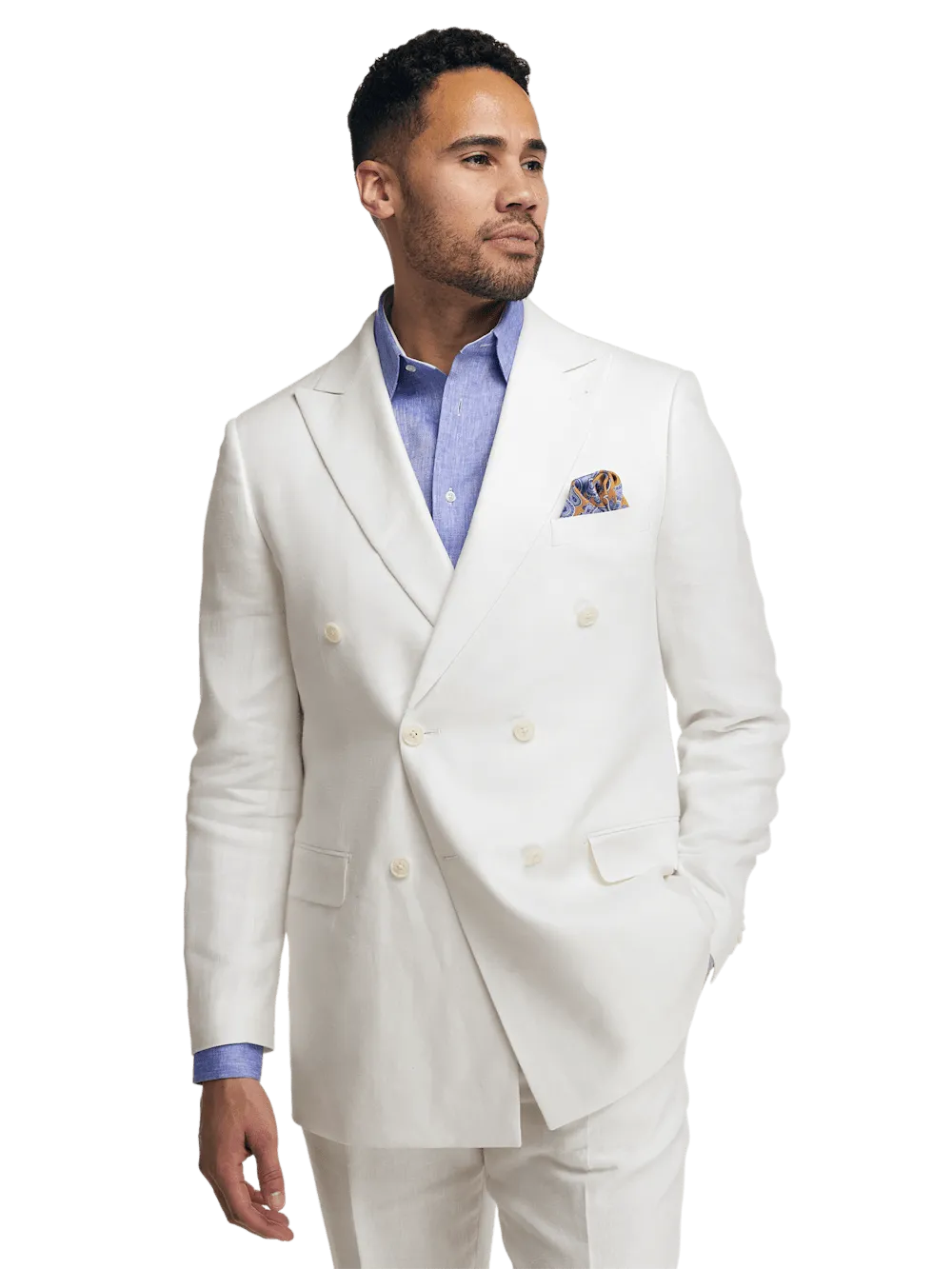 Linen Blend Double Breasted Peak Lapel Suit Jacket - White