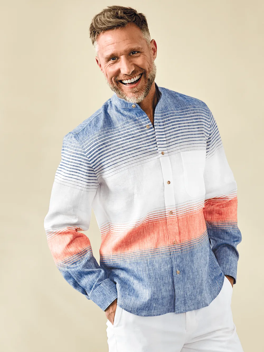Linen Blend Horizontal Stripe Casual Shirt - Orange/blue