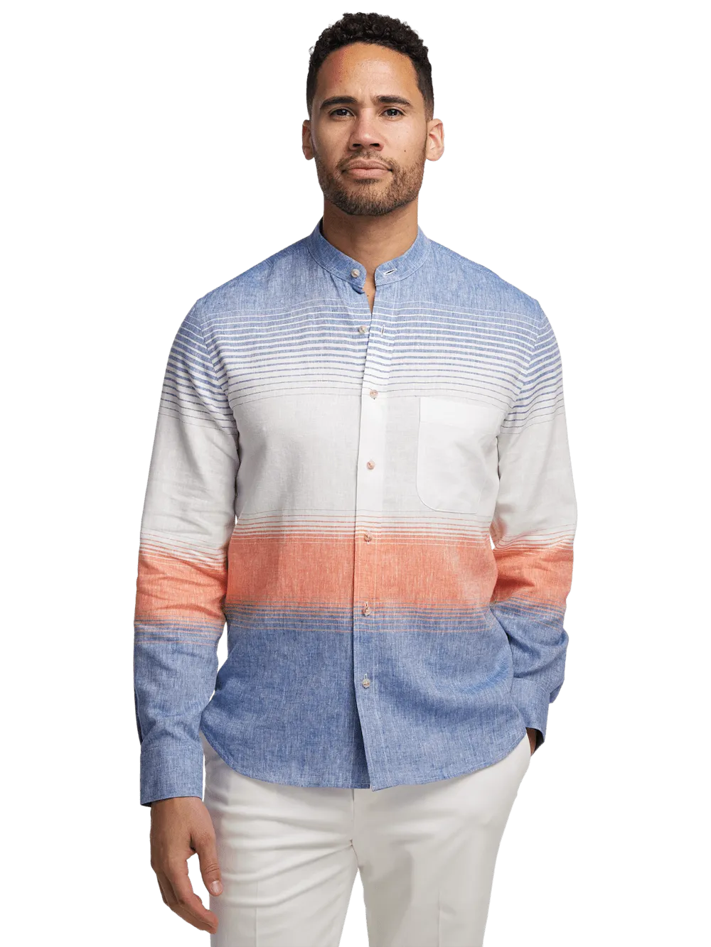Linen Blend Horizontal Stripe Casual Shirt - Orange/blue