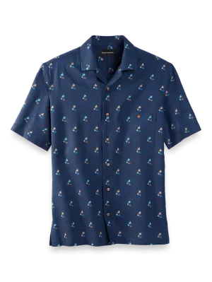 Linen Blend Novelty Print Casual Shirt - Navy