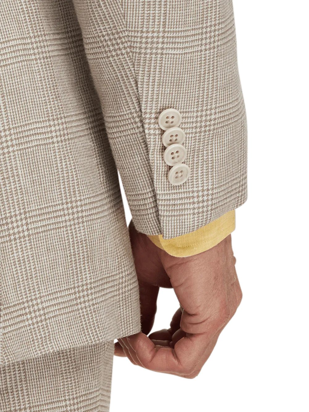 Linen Blend Plaid Double Breasted Peak Lapel Suit Jacket - Tan