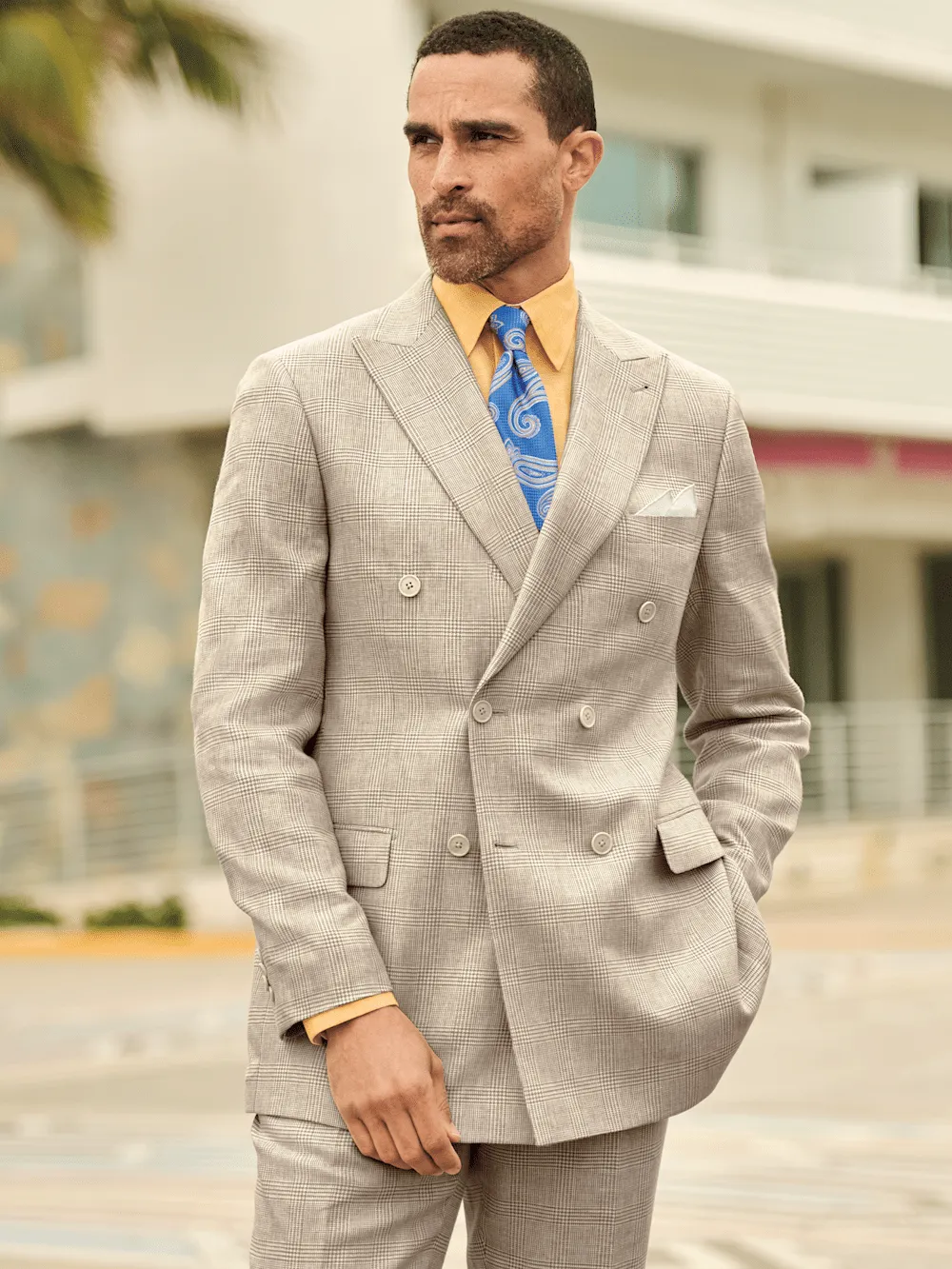 Linen Blend Plaid Double Breasted Peak Lapel Suit Jacket - Tan