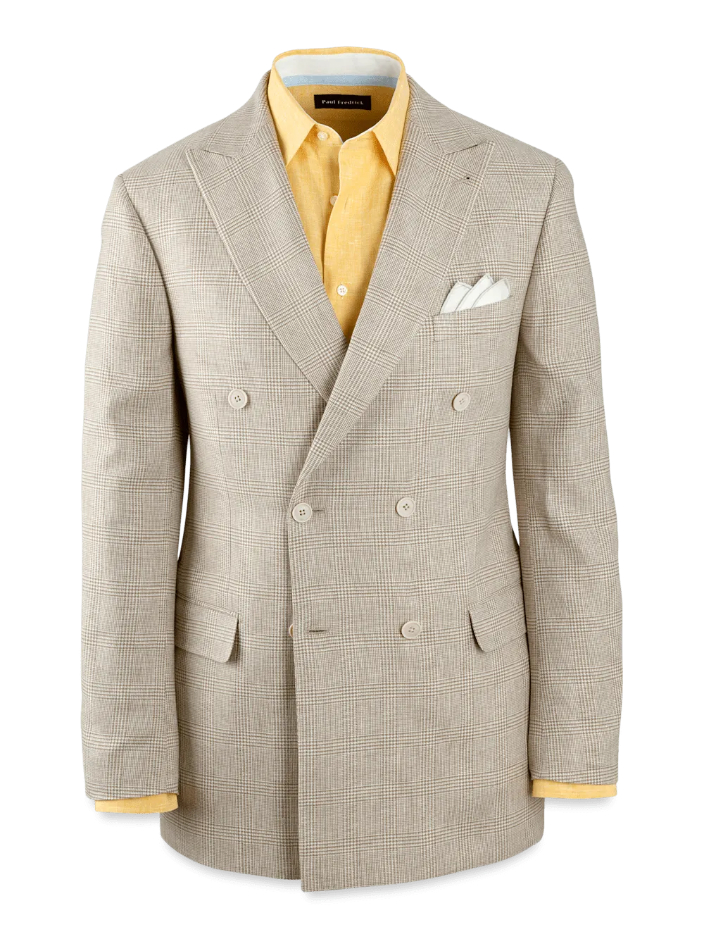Linen Blend Plaid Double Breasted Peak Lapel Suit Jacket - Tan