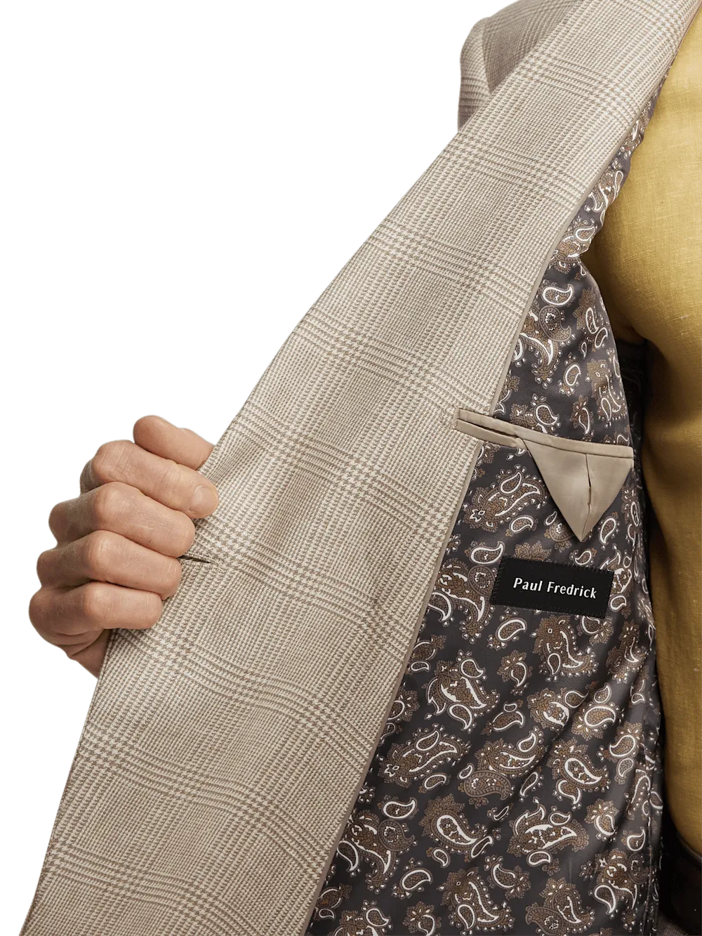 Linen Blend Plaid Double Breasted Peak Lapel Suit Jacket - Tan