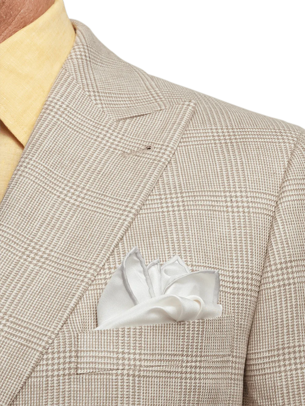 Linen Blend Plaid Double Breasted Peak Lapel Suit Jacket - Tan
