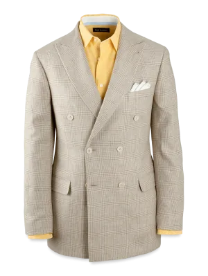 Linen Blend Plaid Double Breasted Peak Lapel Suit Jacket - Tan