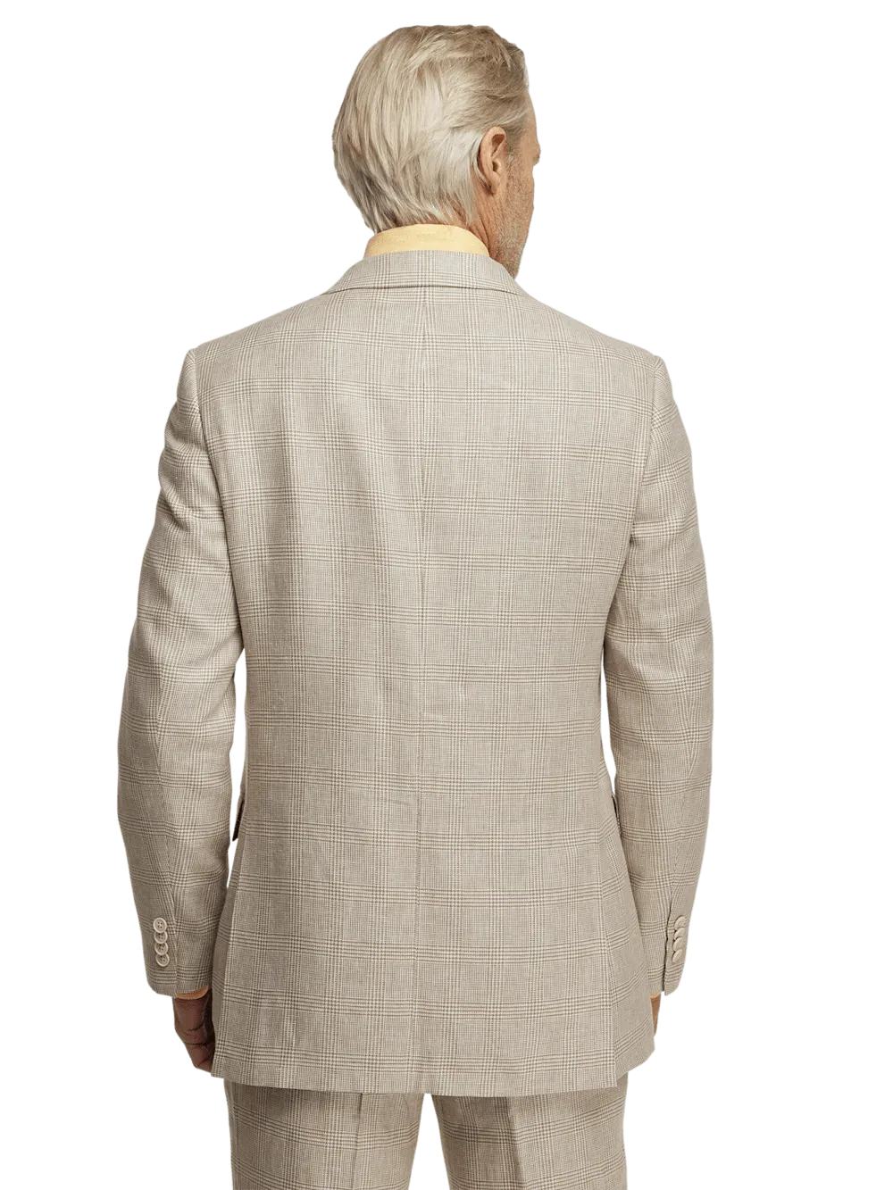 Linen Blend Plaid Double Breasted Peak Lapel Suit Jacket - Tan