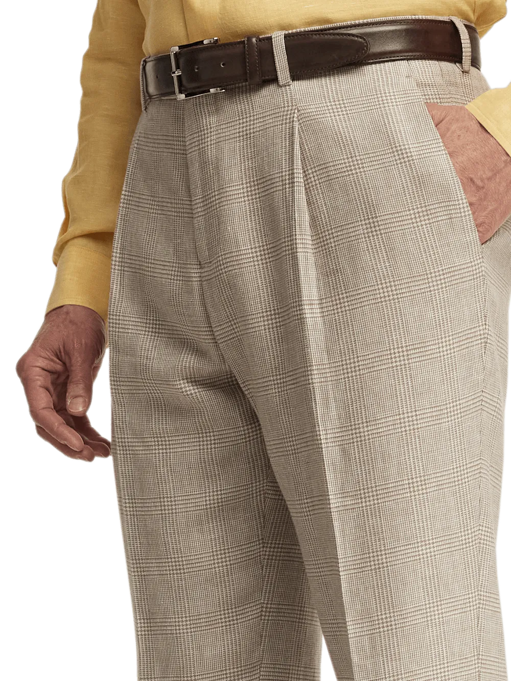 Linen Blend Plaid Single Pleat Suit Pants - Tan