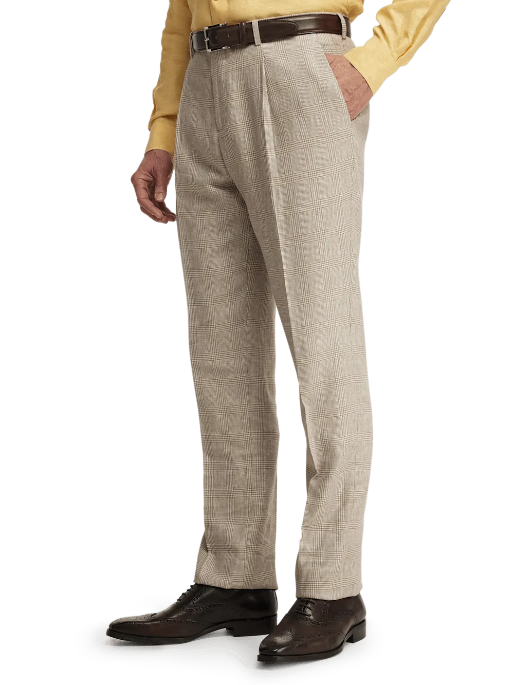Linen Blend Plaid Single Pleat Suit Pants - Tan
