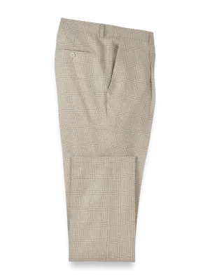 Linen Blend Plaid Single Pleat Suit Pants - Tan