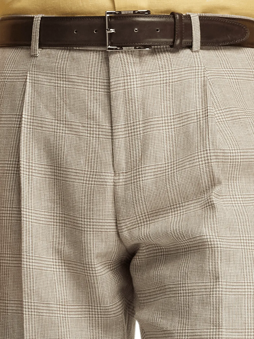 Linen Blend Plaid Single Pleat Suit Pants - Tan