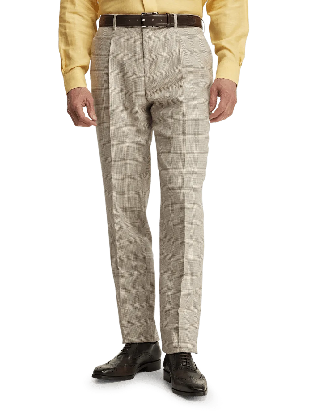 Linen Blend Plaid Single Pleat Suit Pants - Tan