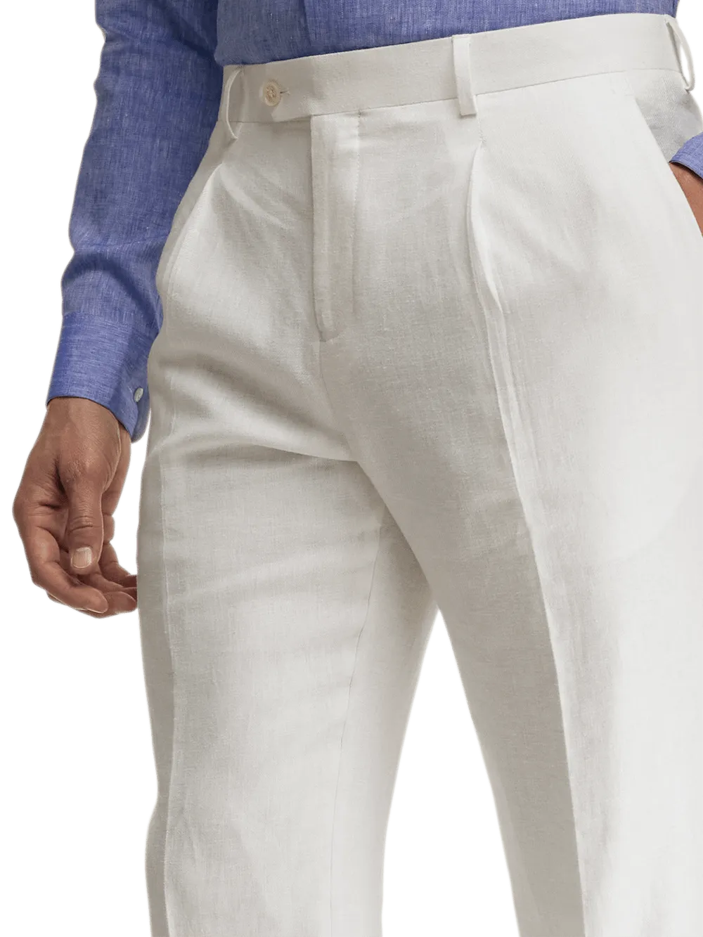 Linen Blend Single Pleat Suit Pants - White