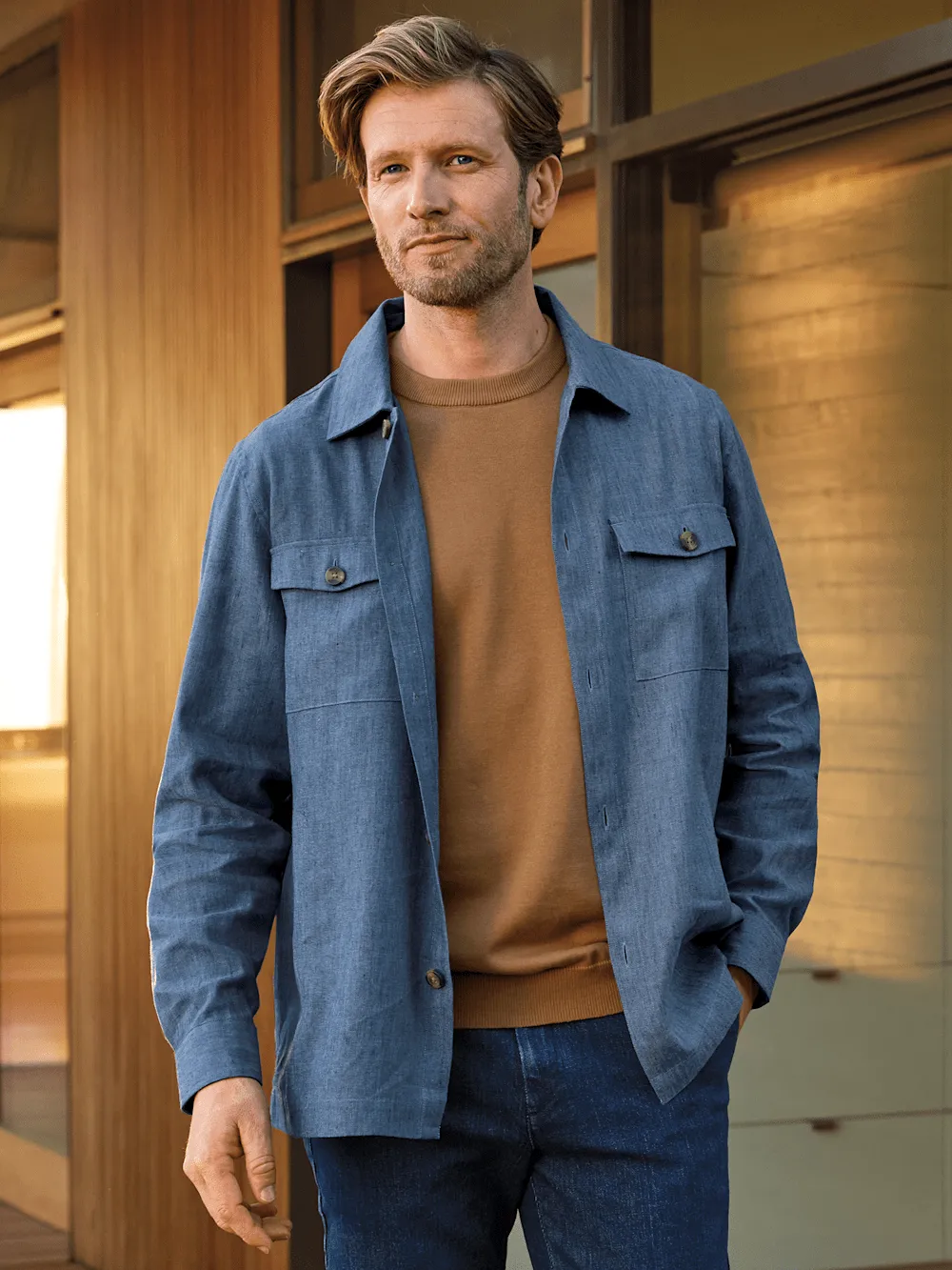 Linen Blend Solid Overshirt - Blue