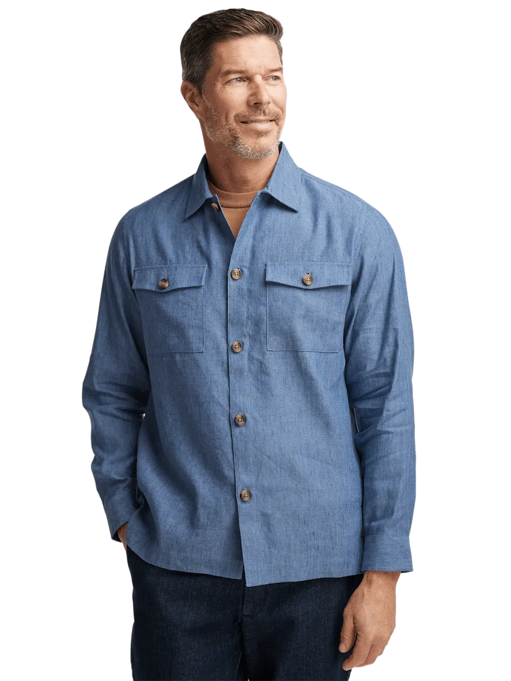 Linen Blend Solid Overshirt - Blue