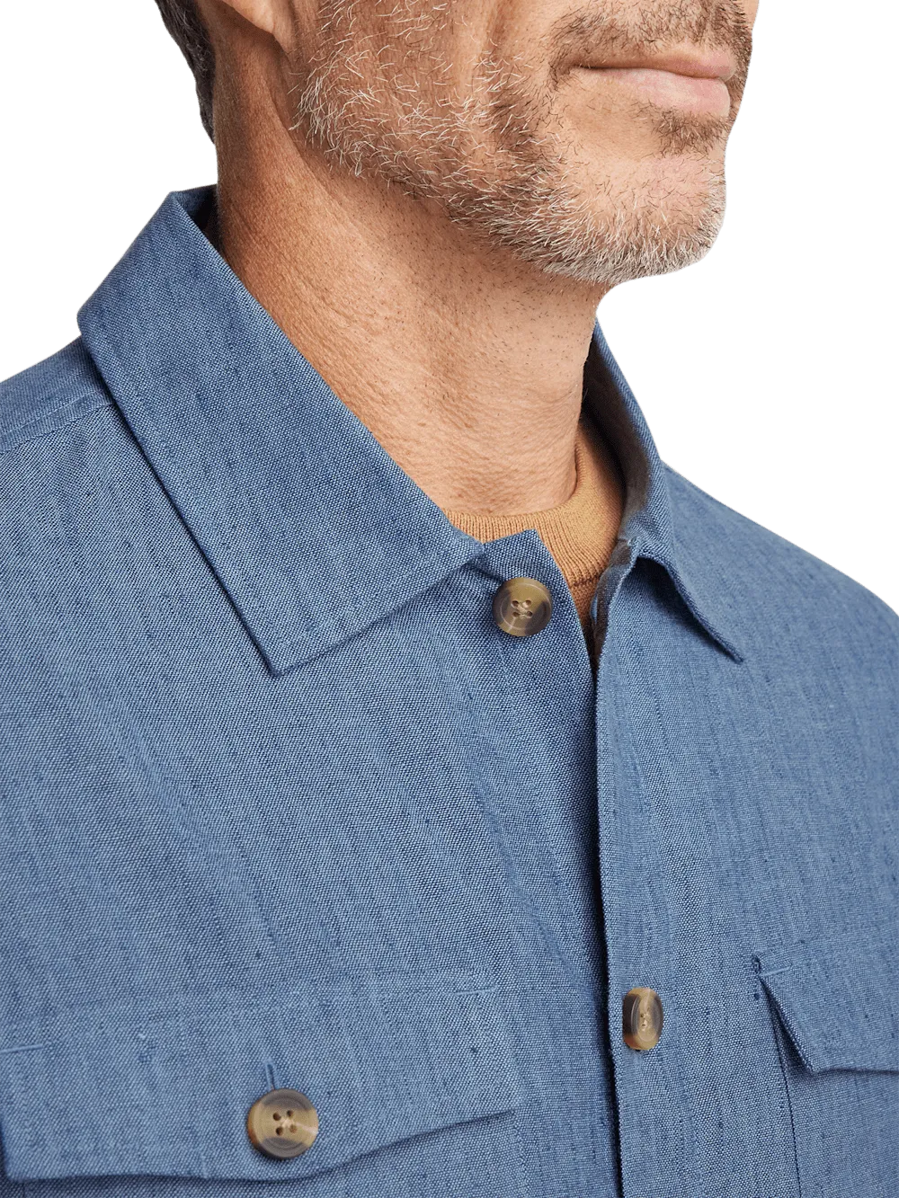 Linen Blend Solid Overshirt - Blue