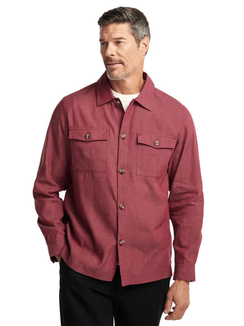 Linen Blend Solid Overshirt - Burgundy
