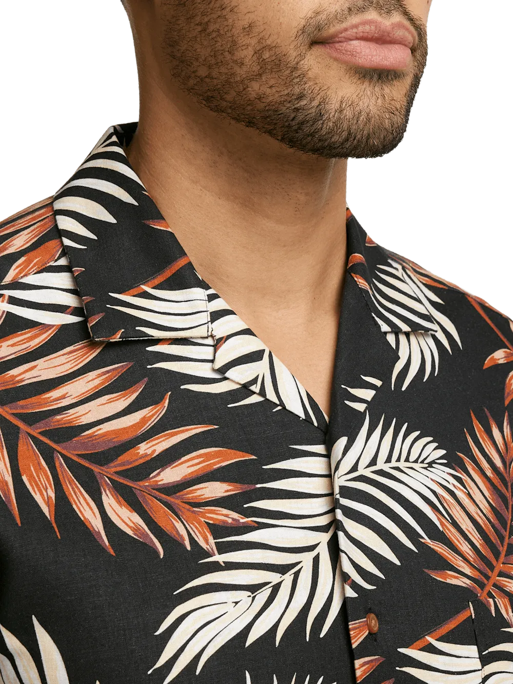 Linen Blend Tropical Print Casual Shirt - Black Multi