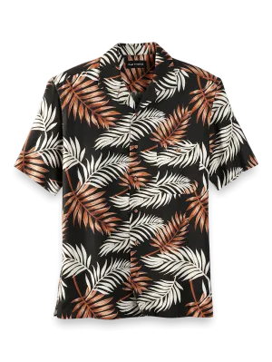 Linen Blend Tropical Print Casual Shirt - Black Multi