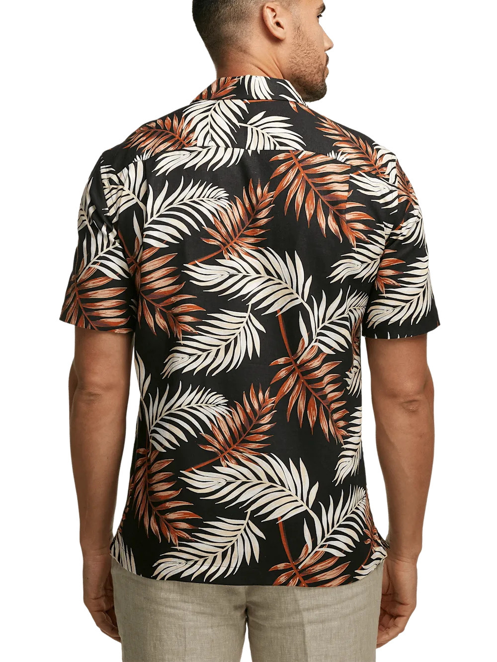 Linen Blend Tropical Print Casual Shirt - Black Multi
