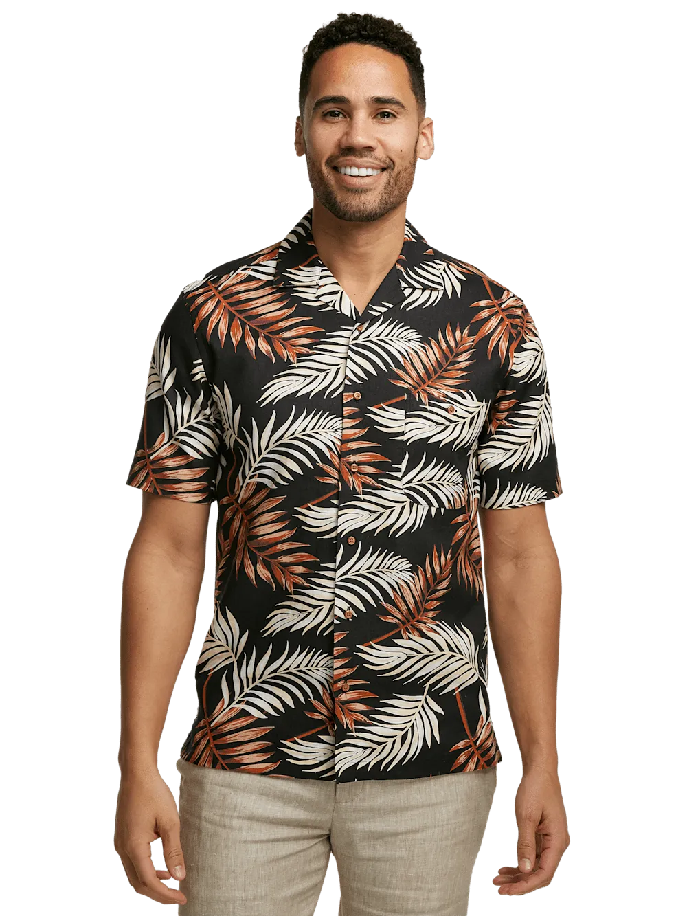 Linen Blend Tropical Print Casual Shirt - Black Multi