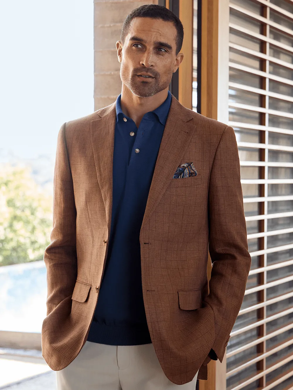 Linen Plaid Single Breasted Notch Lapel Sport Coat - Brown