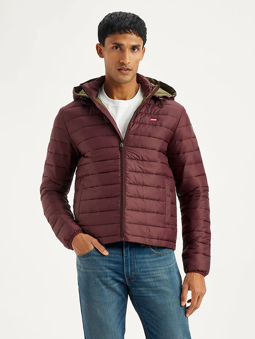 Men's Quilted Maroon Hooded Puffer Jacket LEVI'S