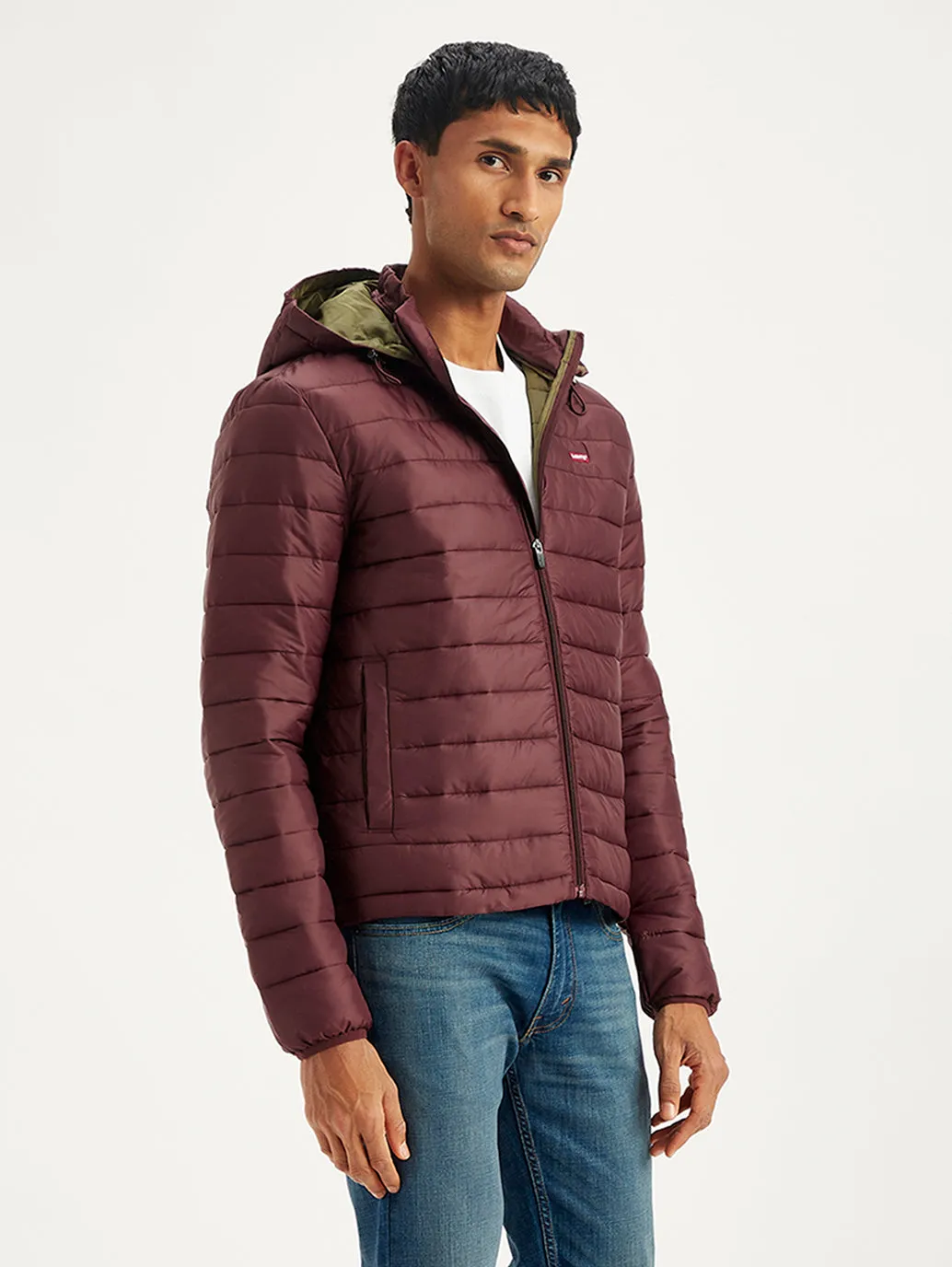 Men's Quilted Maroon Hooded Puffer Jacket LEVI'S
