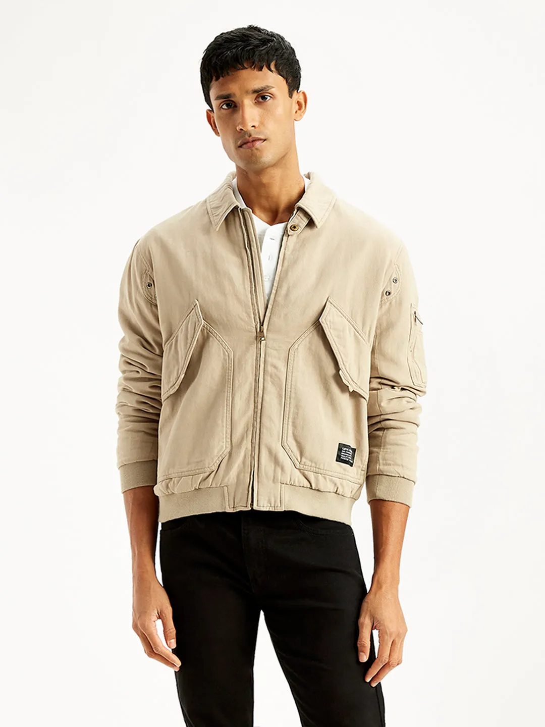 Men's Solid Beige Spread Collar Bomber Jacket LEVI'S