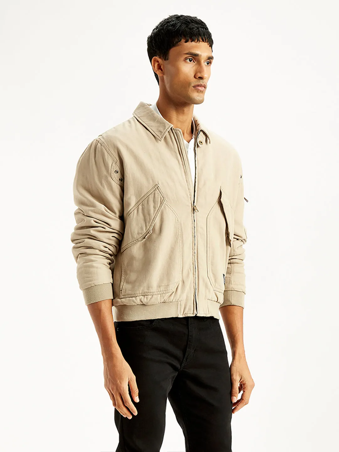 Men's Solid Beige Spread Collar Bomber Jacket LEVI'S