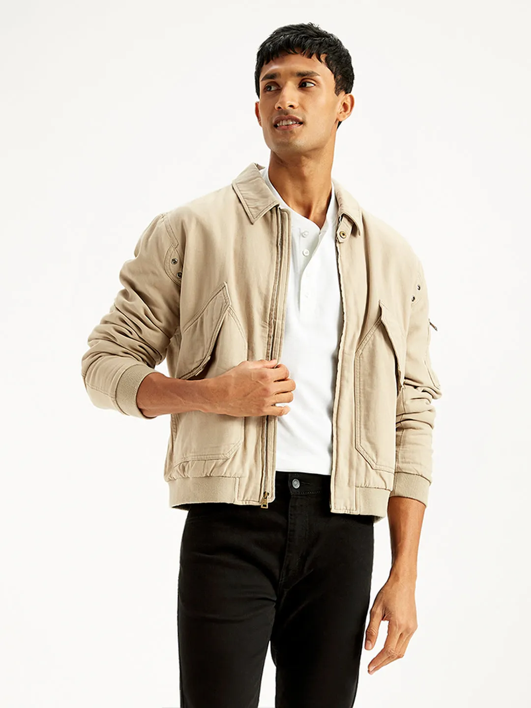 Men's Solid Beige Spread Collar Bomber Jacket LEVI'S