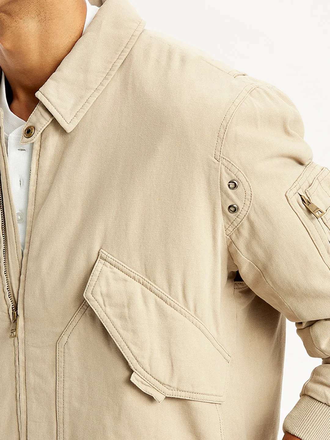 Men's Solid Beige Spread Collar Bomber Jacket LEVI'S