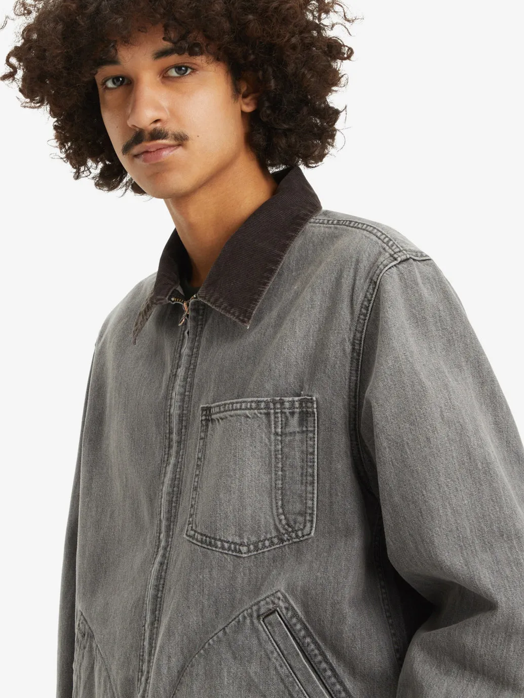 Men's Solid Charcoal-Grey Spread Collar Denim Jacket LEVI'S