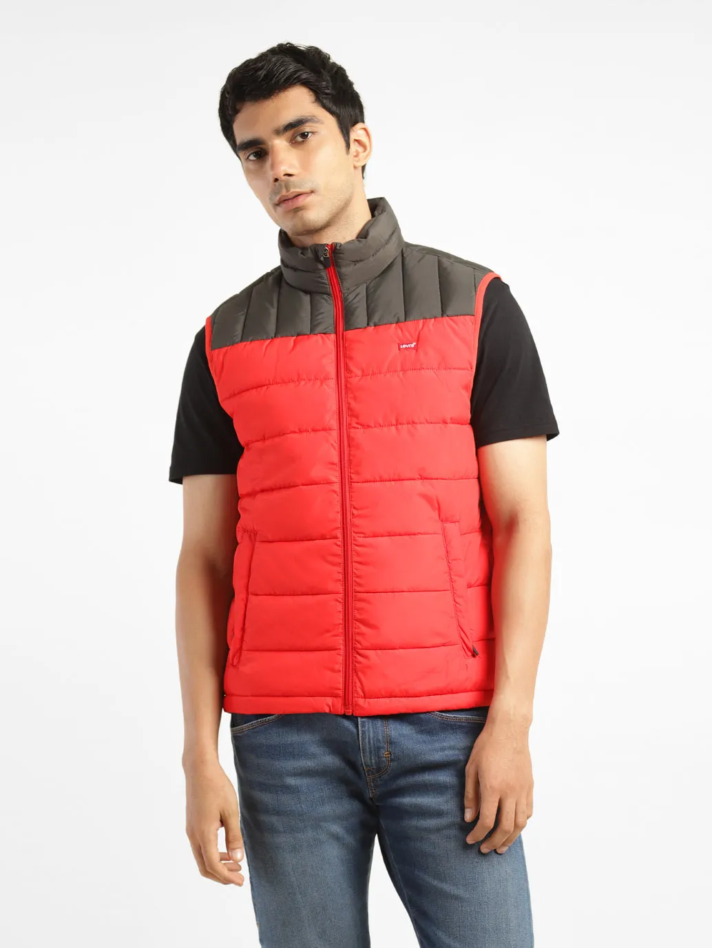 Men's Solid Red Mandarin Collar Quilted Jacket LEVI'S