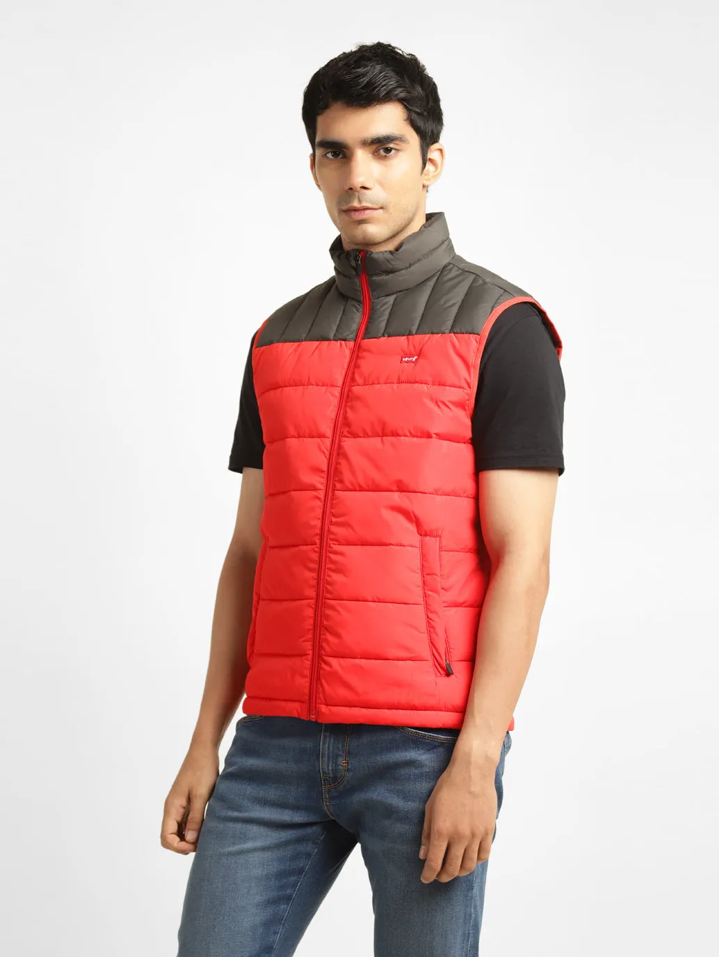 Men's Solid Red Mandarin Collar Quilted Jacket LEVI'S