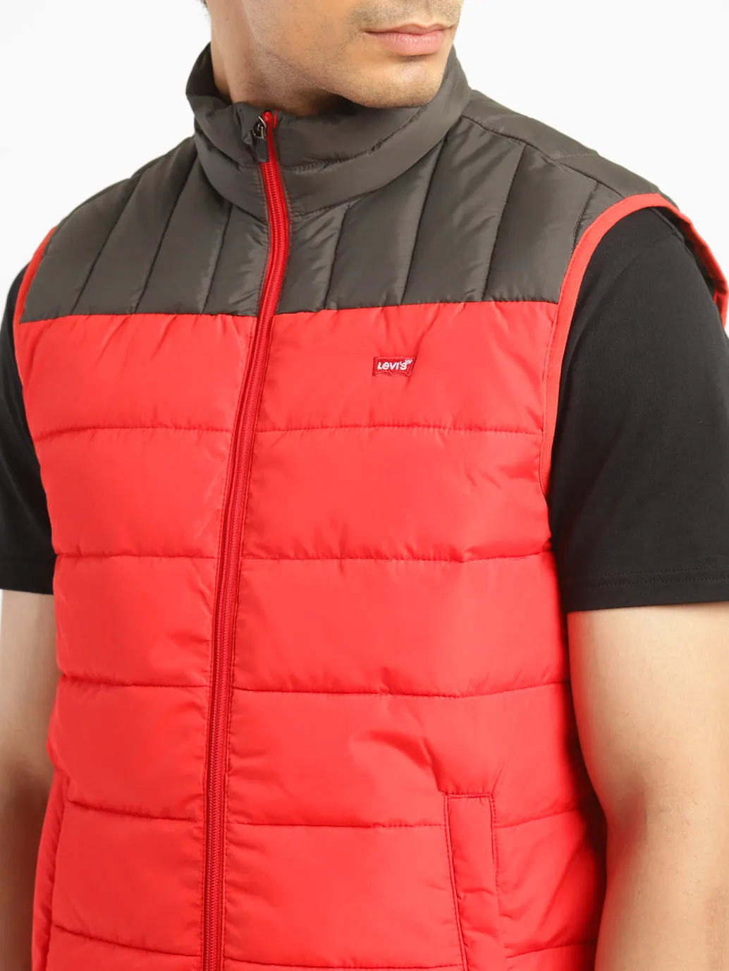 Men's Solid Red Mandarin Collar Quilted Jacket LEVI'S