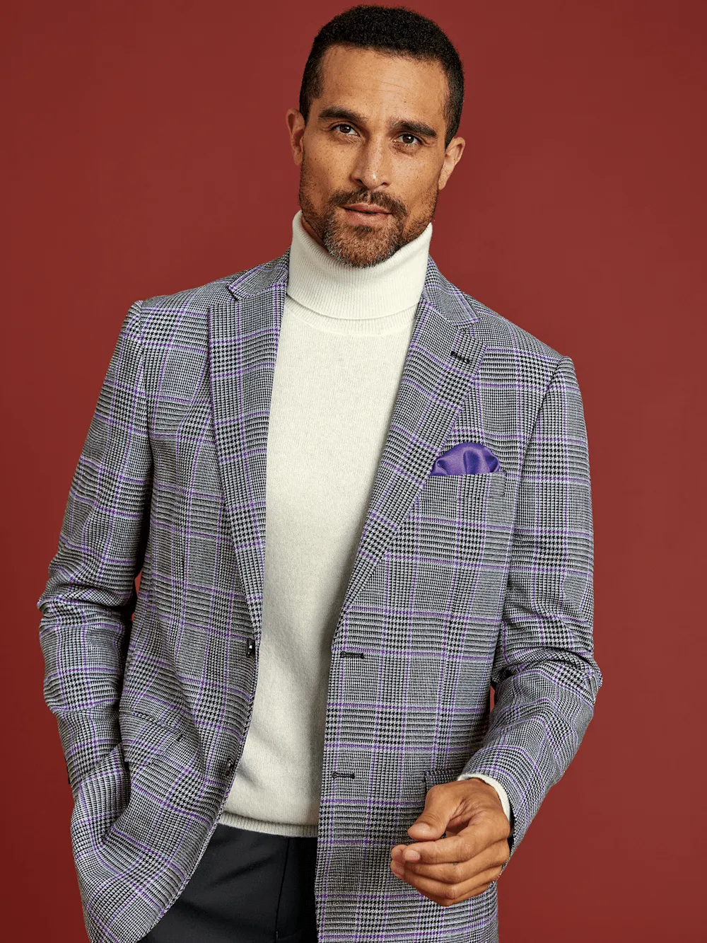 Microfiber Windowpane Single Breasted Notch Lapel Sport Coat - Grey/purple