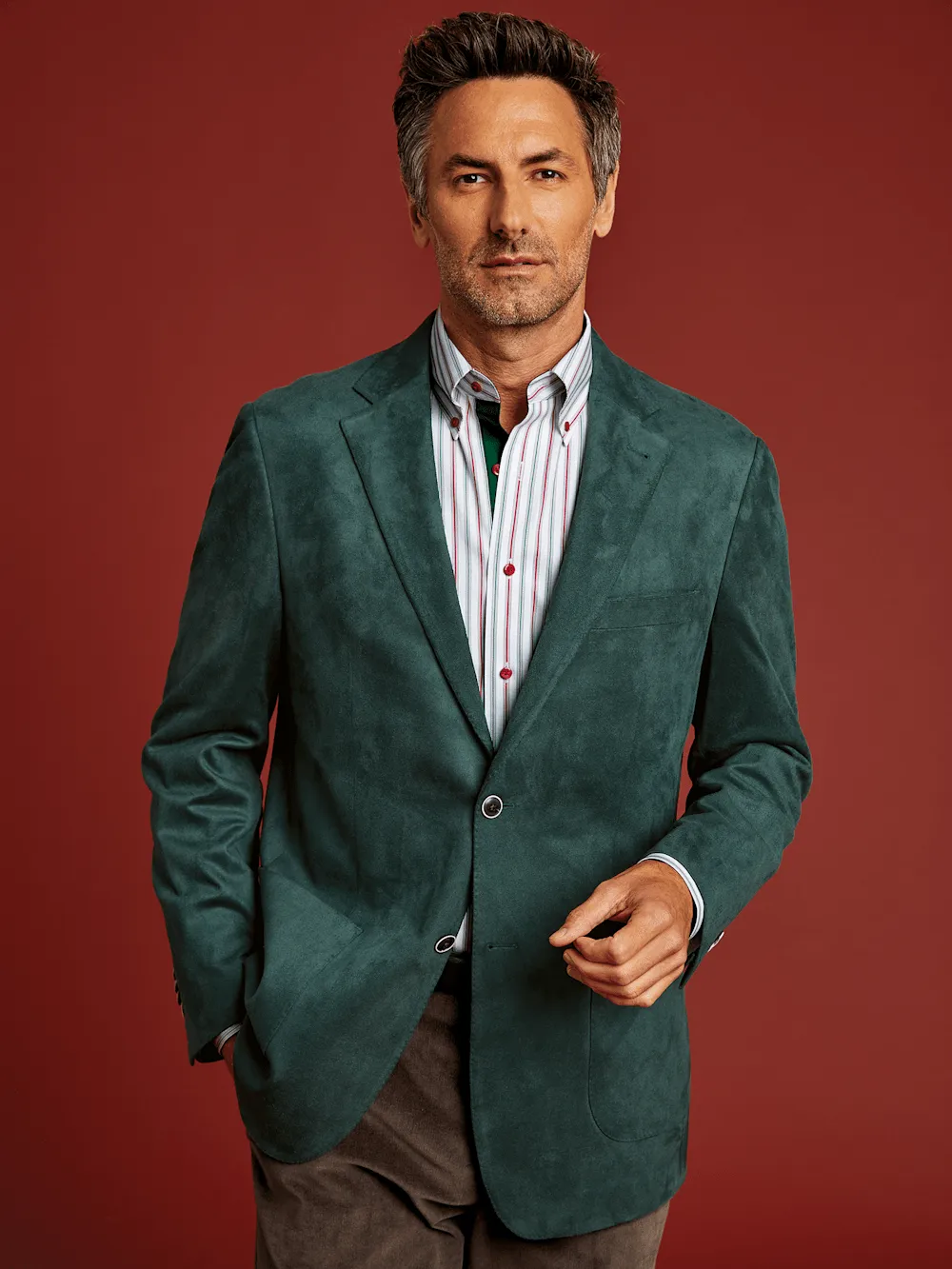 Microsuede Single Breasted Notch Lapel Sport Coat - Dark Green