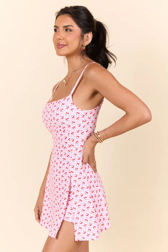 Midday Pick Me Up Pink Cherry Gingham A-Line Active Dress