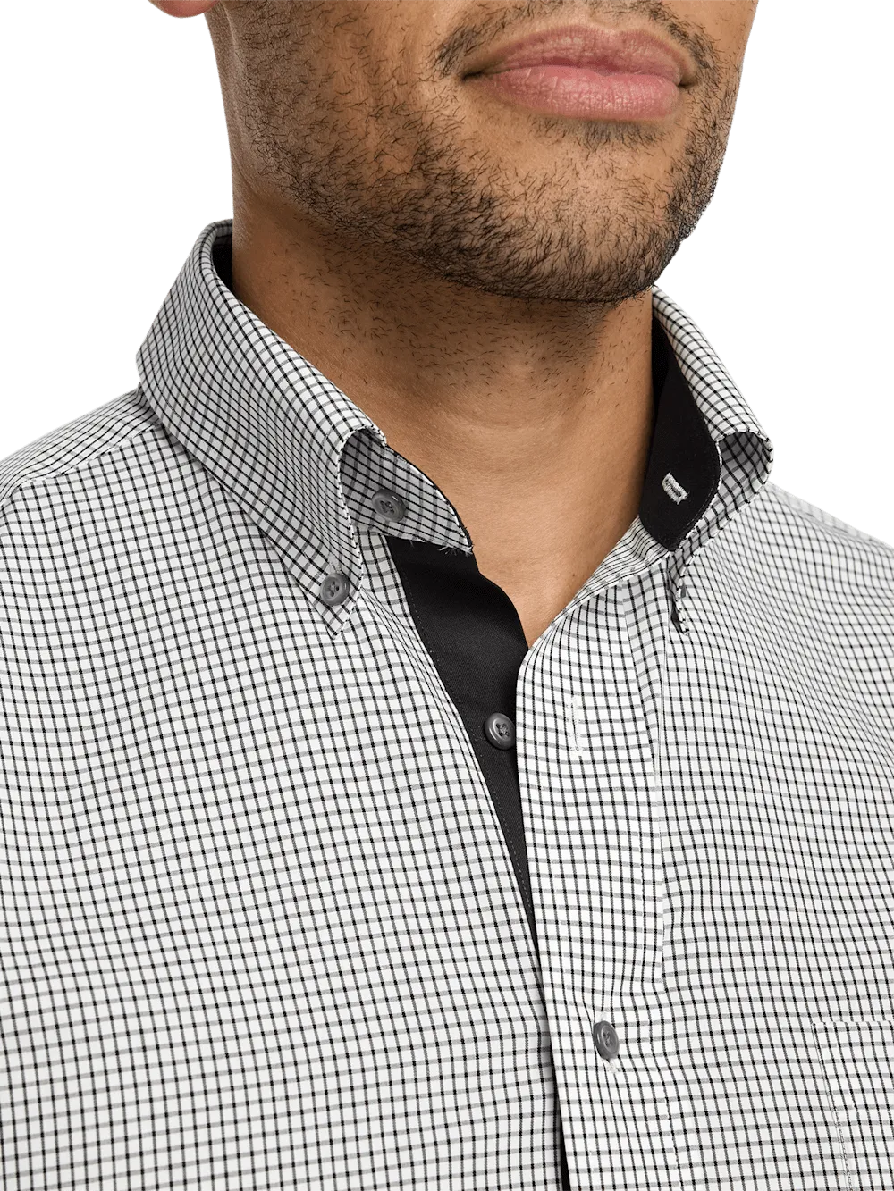 Non-Iron Cotton Check Dress Shirt With Contrast Trim - Black/white