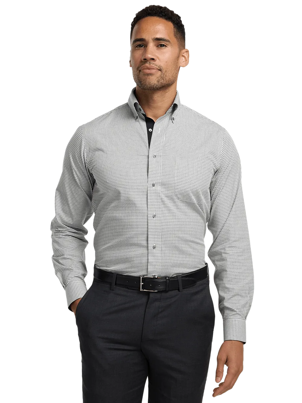 Non-Iron Cotton Check Dress Shirt With Contrast Trim - Black/white