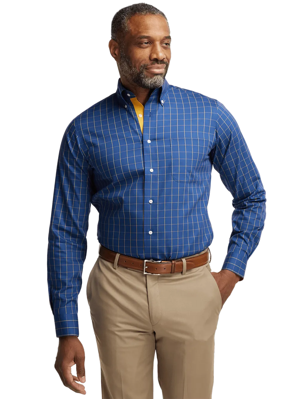 Non-Iron Cotton Check Dress Shirt With Contrast Trim - Blue