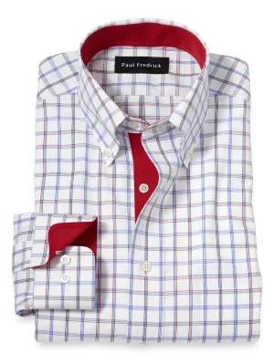 Non-Iron Cotton Check Dress Shirt With Contrast Trim - Blue/red